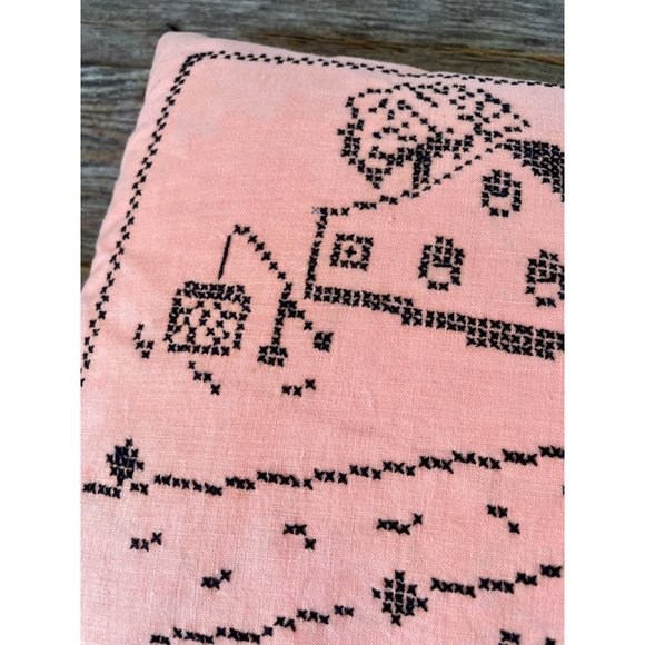 Vintage 1930s Feather Pillow Cross Stitched "the House by the Side Of the Road" - Picture 7 of 14